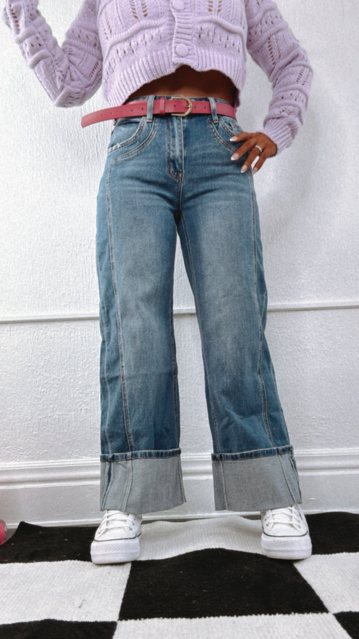 Coleman Wide Leg Cuff Denim Jeans, Medium FLYING MONKEY