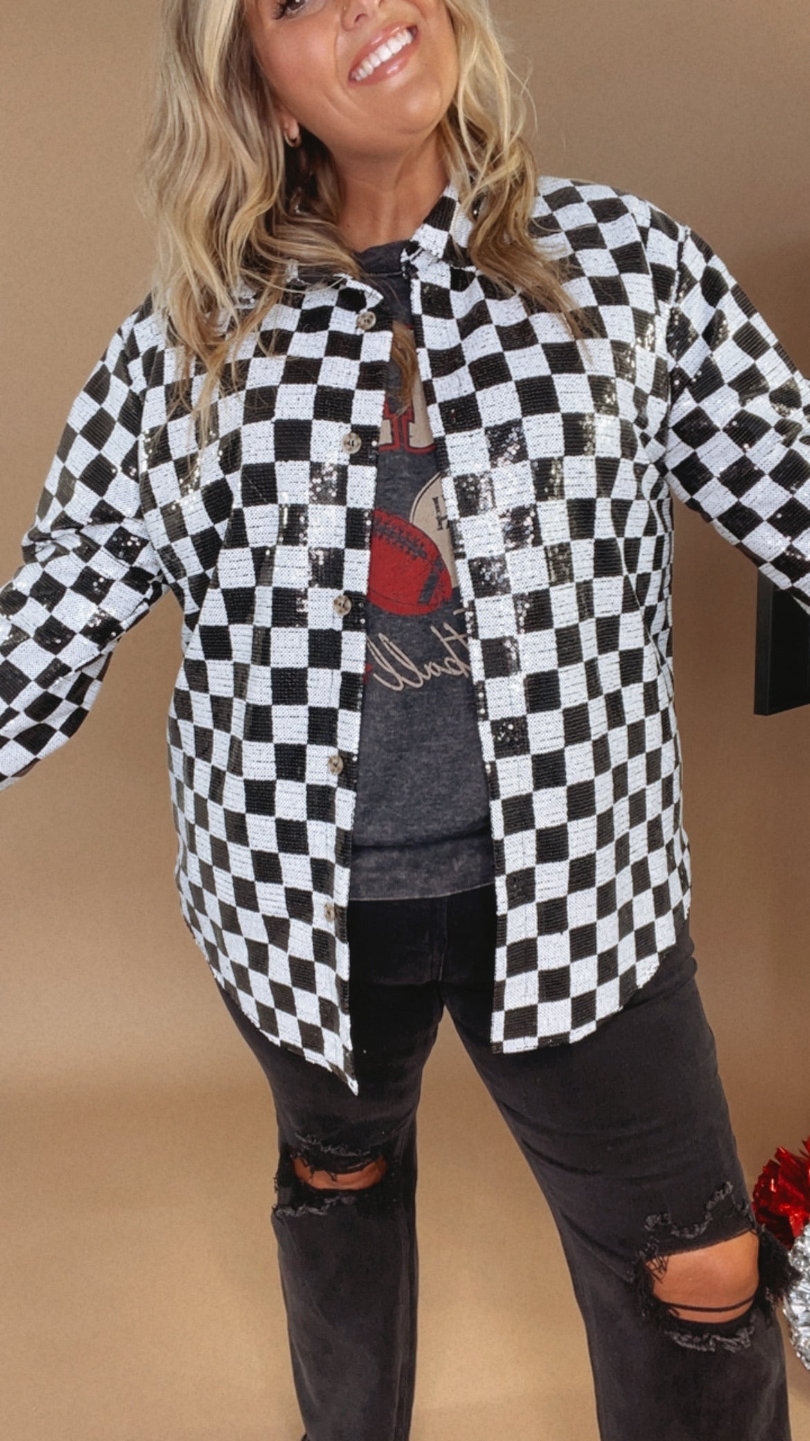 Sequin Checkered Jacket Black White
