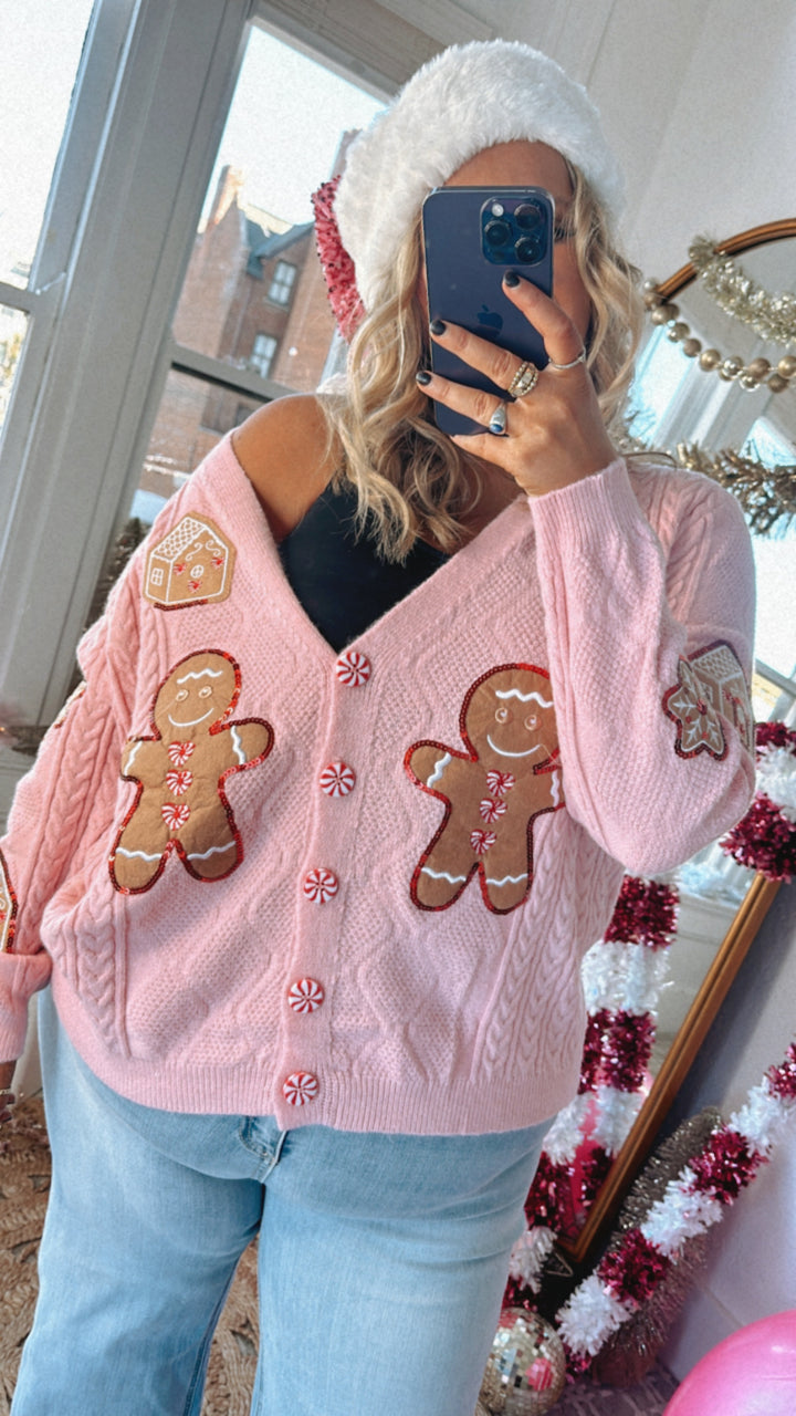 Holiday Gingerbread Man Cardi, Pink