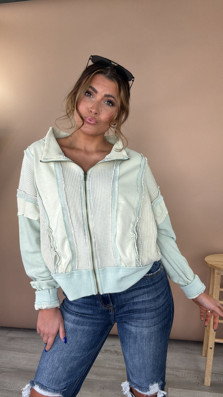 Oli &Hali: Waffle Zip Up Sweater, Mint