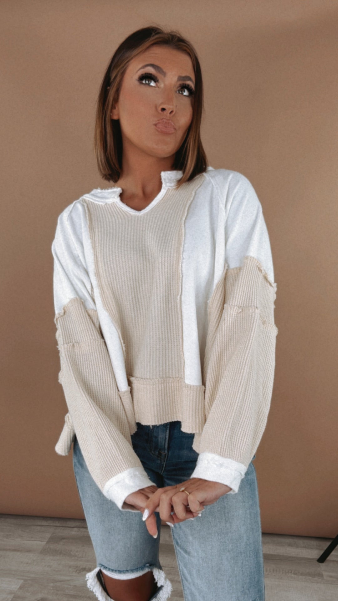 POL: All Day Distressed Waffle Knit Top, Ivory