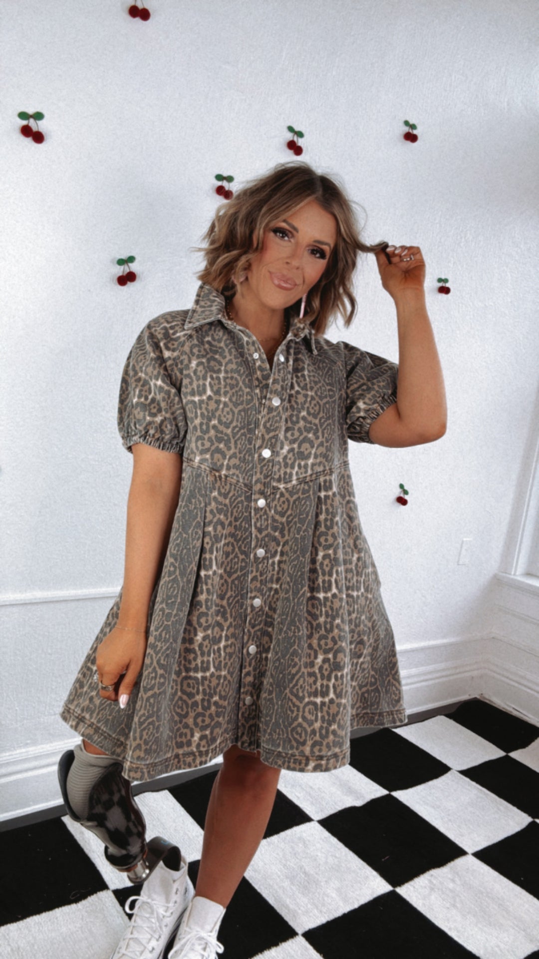 All Sass Leopard Print Button Denim Dress