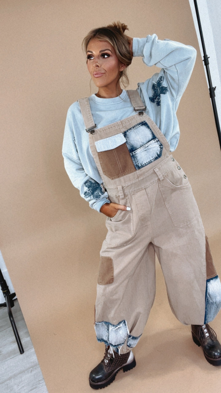 Picture This Patchwork Bib Overalls, Khaki