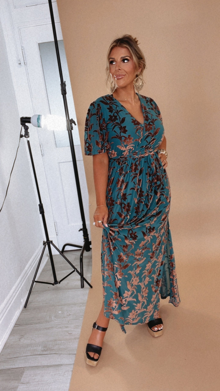 Enchanted Velvet Detailed Maxi Dress, Turquoise