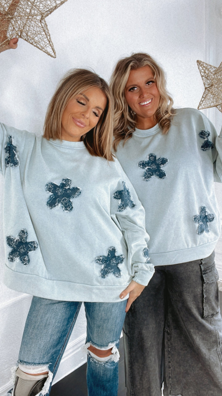 She's A Star Patchwork Crewneck Sweatshirt, Light Blue