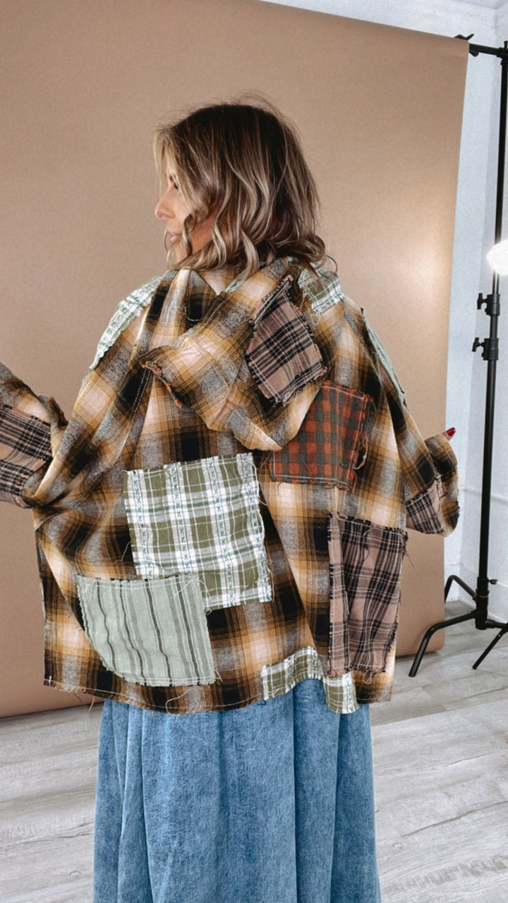 Mix It Up Patchwork Flannel Hooded Top