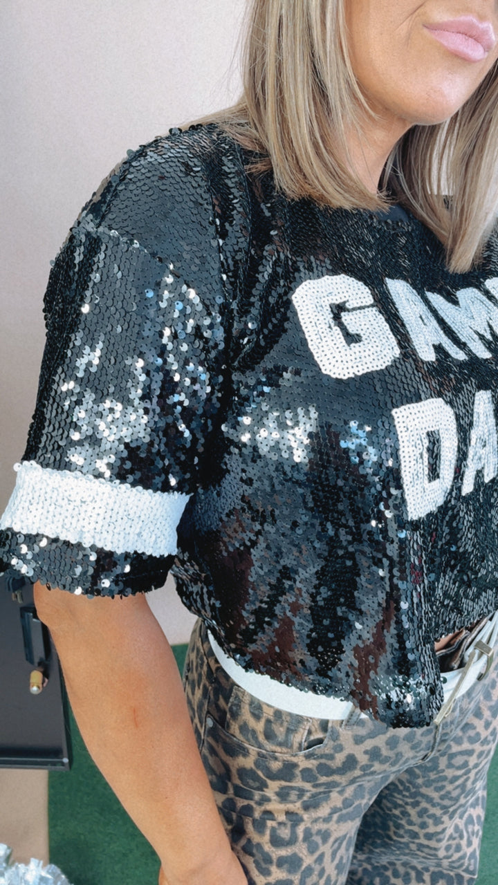 Game Day Sequins Cropped Tee, Black