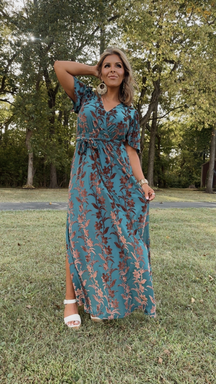 Enchanted Velvet Detailed Maxi Dress, Turquoise