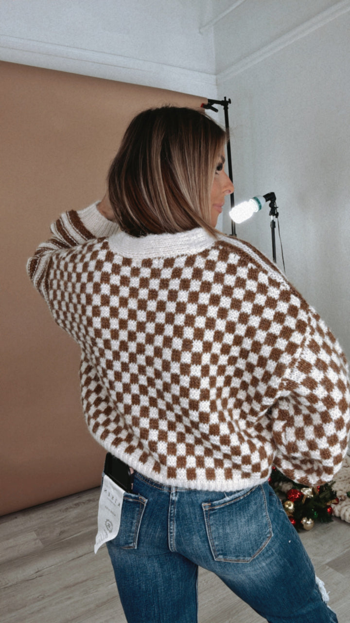 Checkered Button Detail Cardi, Brown