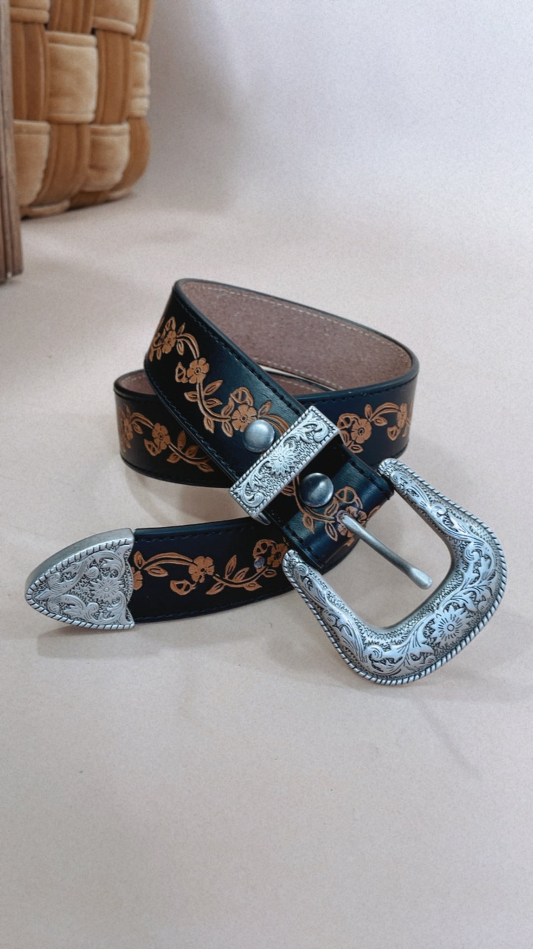 Delilah Vintage Western Floral Belt, Black