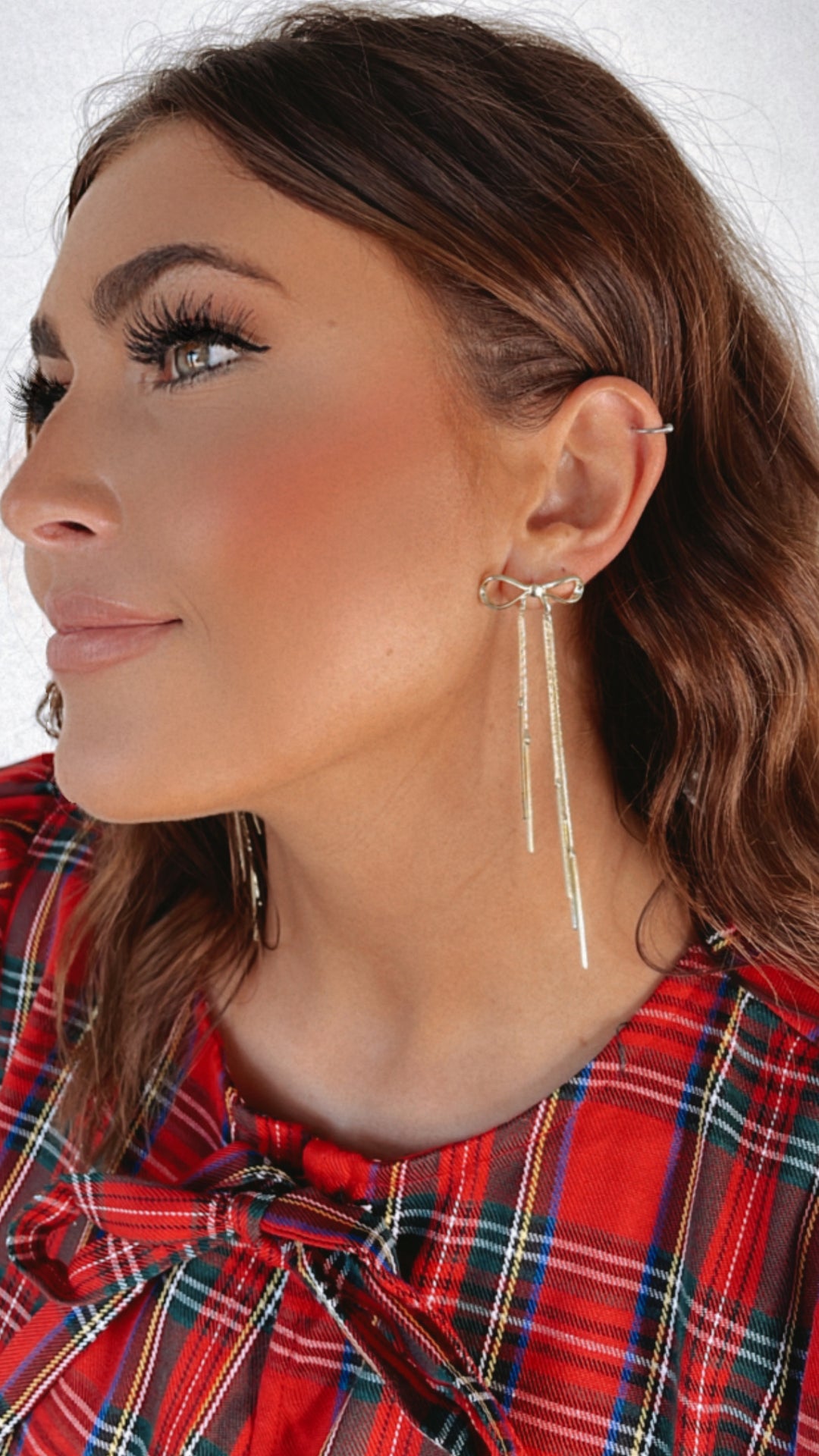 Metal Tone Bow Drop Earrings With Chain Tassels, Gold