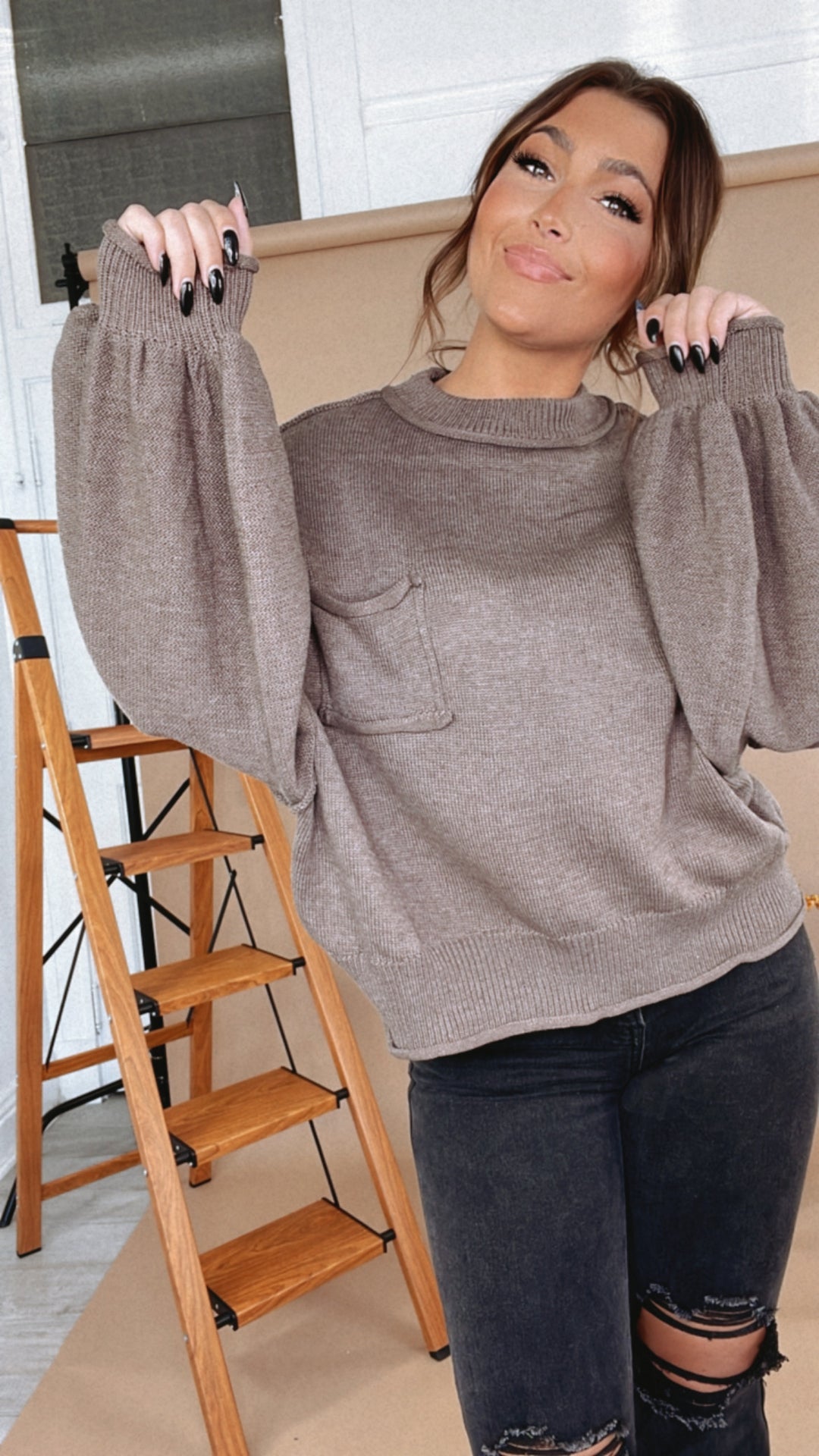 POL: Elevated Basic Balloon Sleeve Sweater, Brown