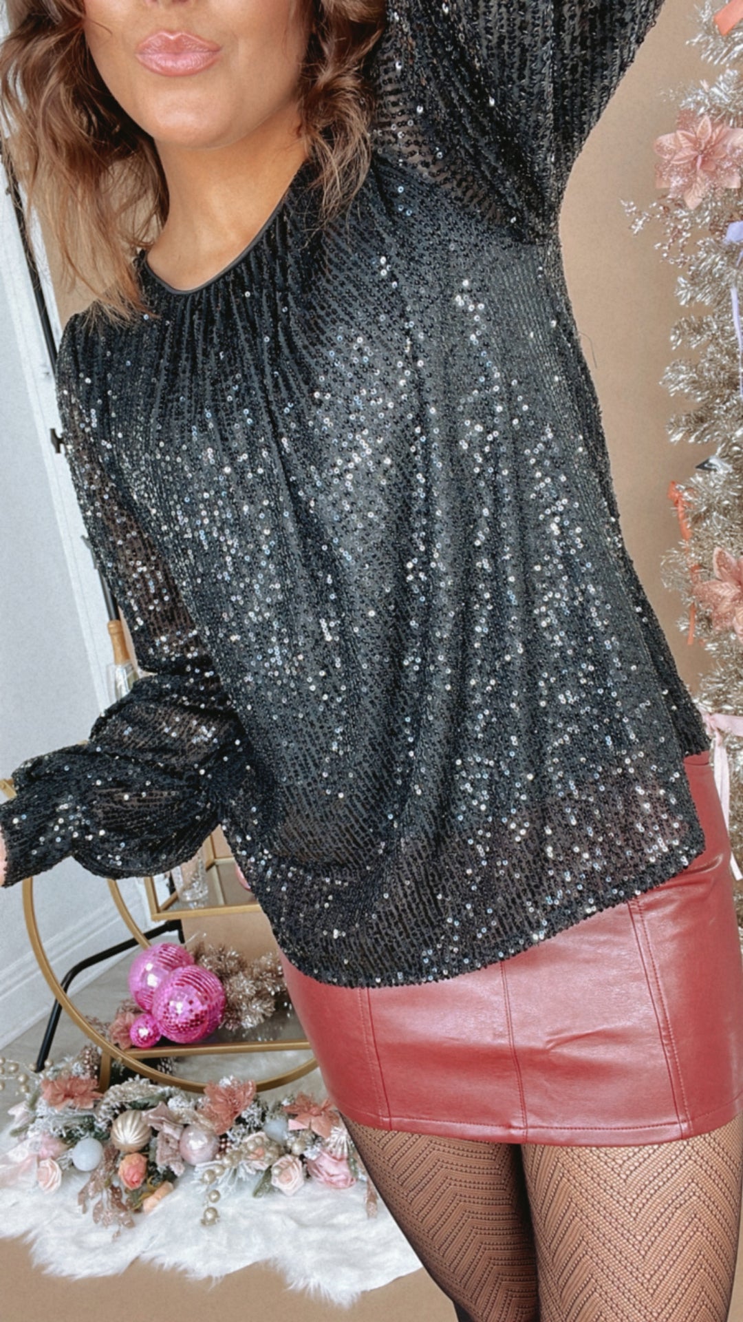 Go Girl Balloon Sleeve Sequin Top, Black