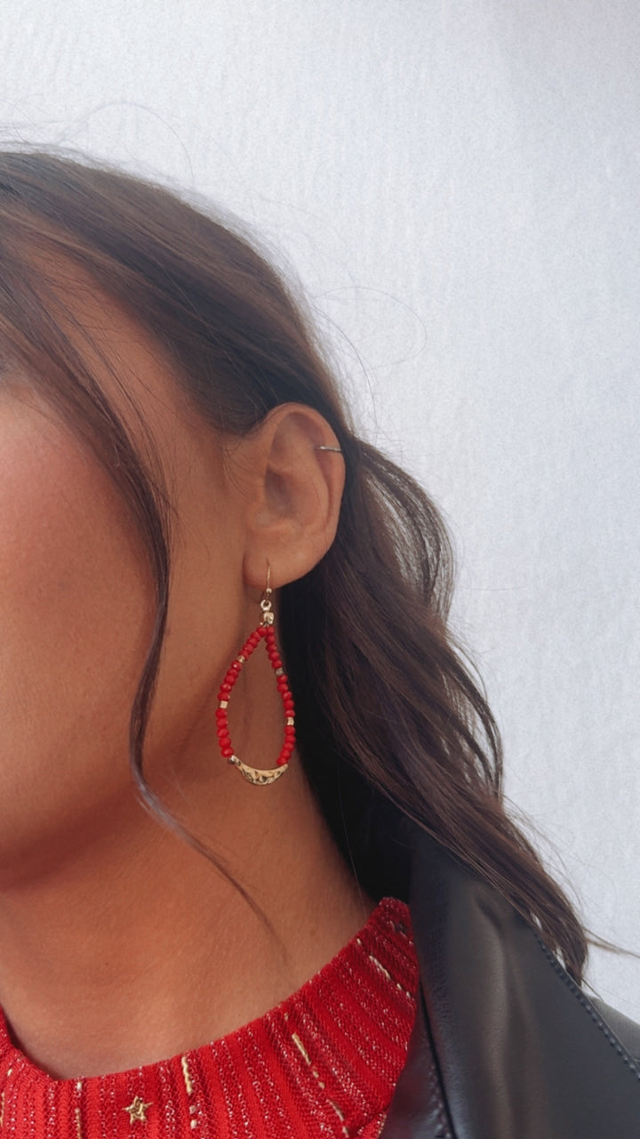 Teardrop Beaded Earring , Red