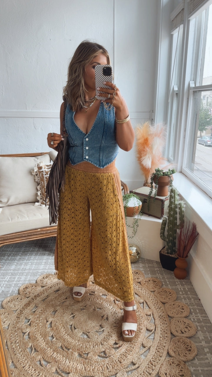 Mineral Washed Lace Wide Pants, Mustard