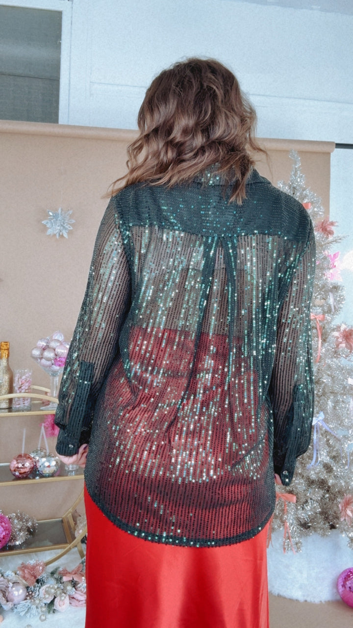 Give Me Sequin Button Up Blouse , Green