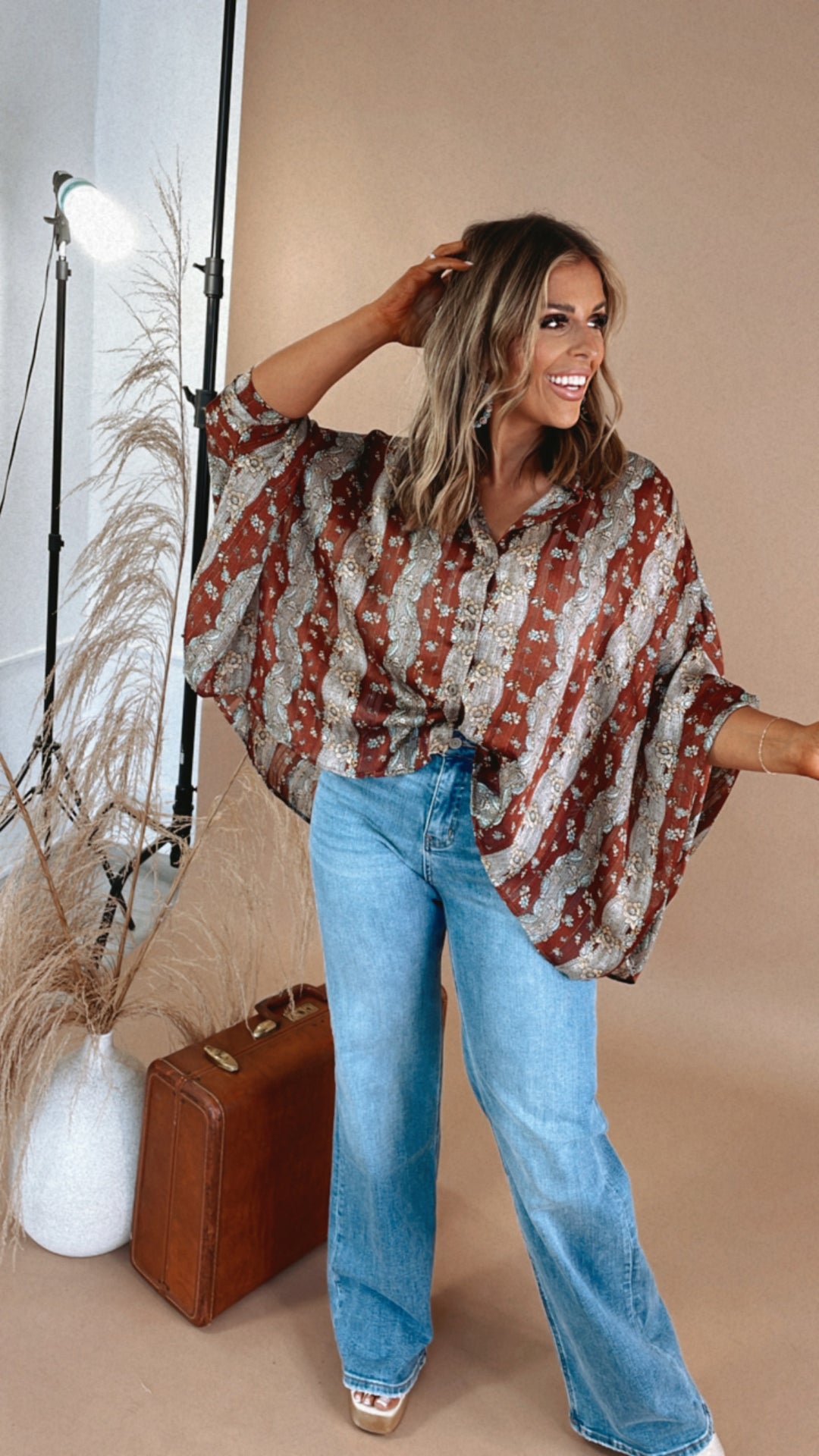 Sheer Floral Chiffon Top, Brown/Red