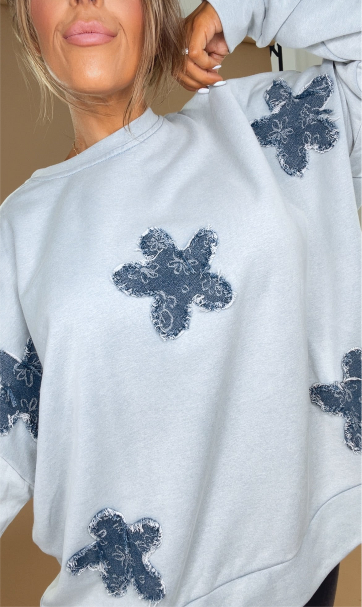 She's A Star Patchwork Crewneck Sweatshirt, Light Blue