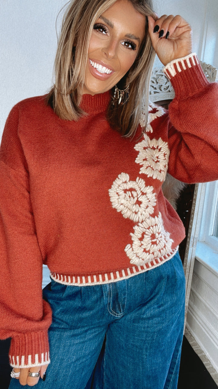 Enough Said Floral Embroidered Mock Neck Sweater, Terracotta