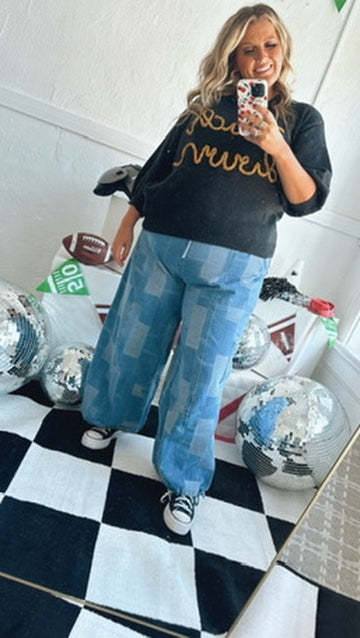 Demi Denim Checkered Patchwork Jogger Pant