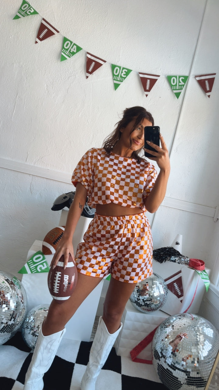 Orange & White Gameday Checkered Sequin Set