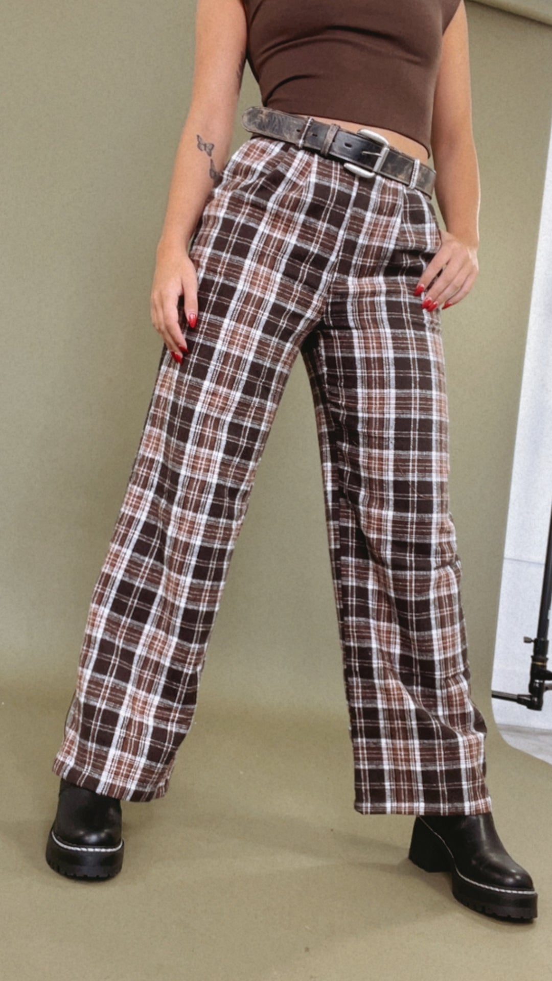 Plaid Straight Leg Pants, Brown