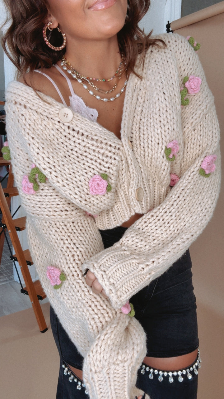 Garden Girl Rose Knit Cardi, Oatmeal