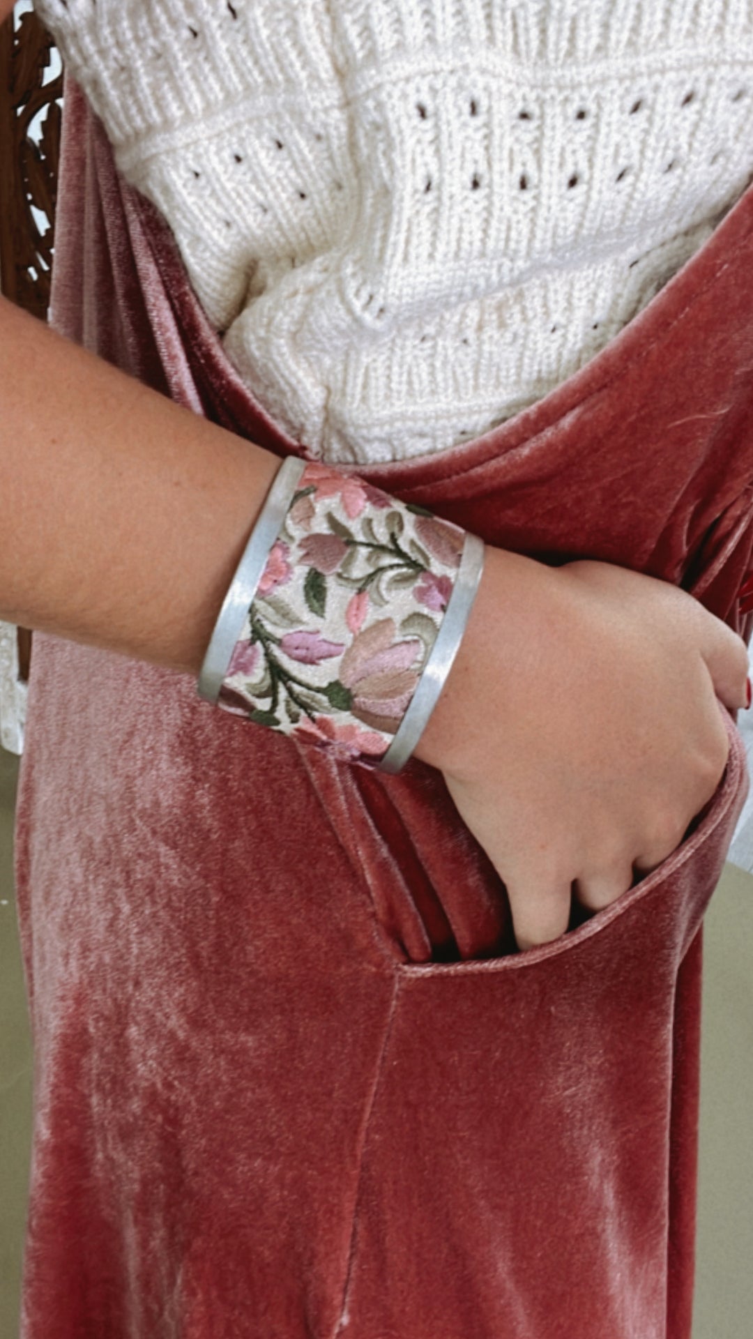 Embroidered Elegance Floral Cuff Bracelet, Silver