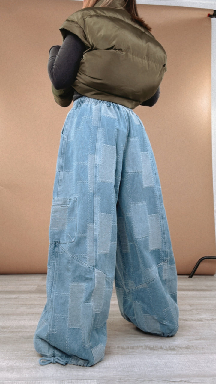 ECB Exclusive: Demi Denim Checkered Patchwork Jogger Pant