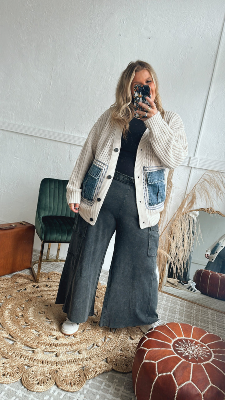 Easy Street Jean Pocket Oversized Cardi, Oatmeal/Denim