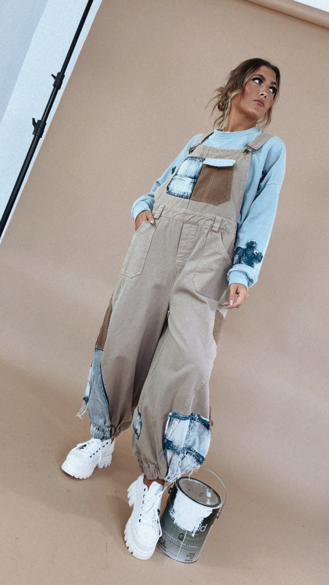 Picture This Patchwork Bib Overalls, Khaki