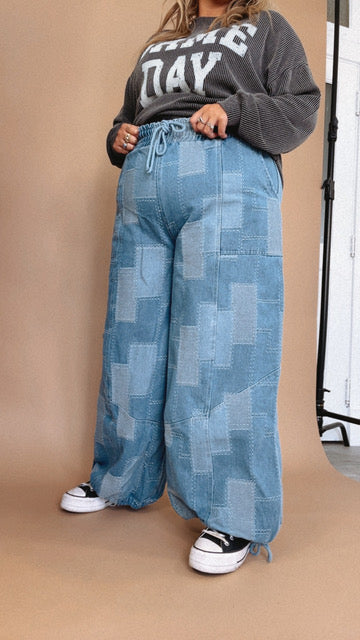 Demi Denim Checkered Patchwork Jogger Pant