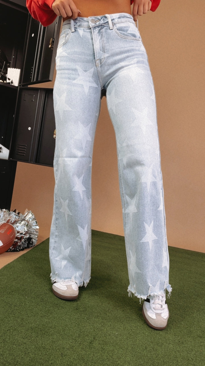 Wide Leg Star Print Denim Jeans, Risen