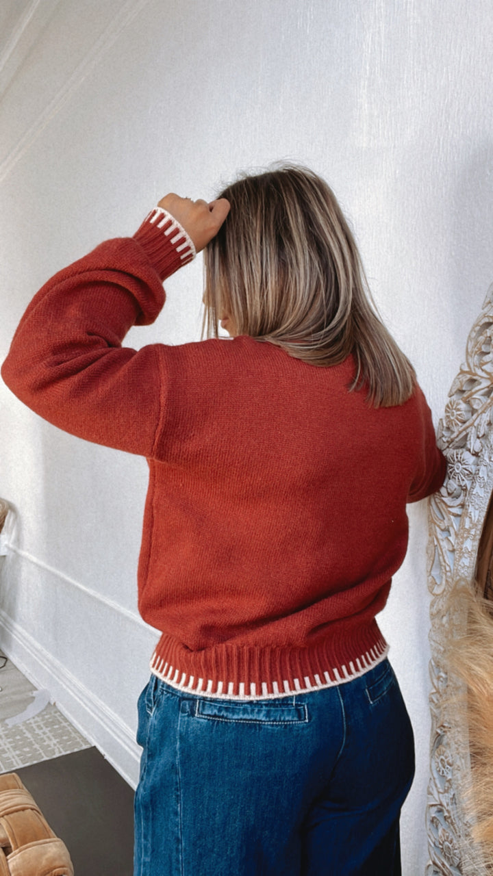 Enough Said Floral Embroidered Mock Neck Sweater, Terracotta