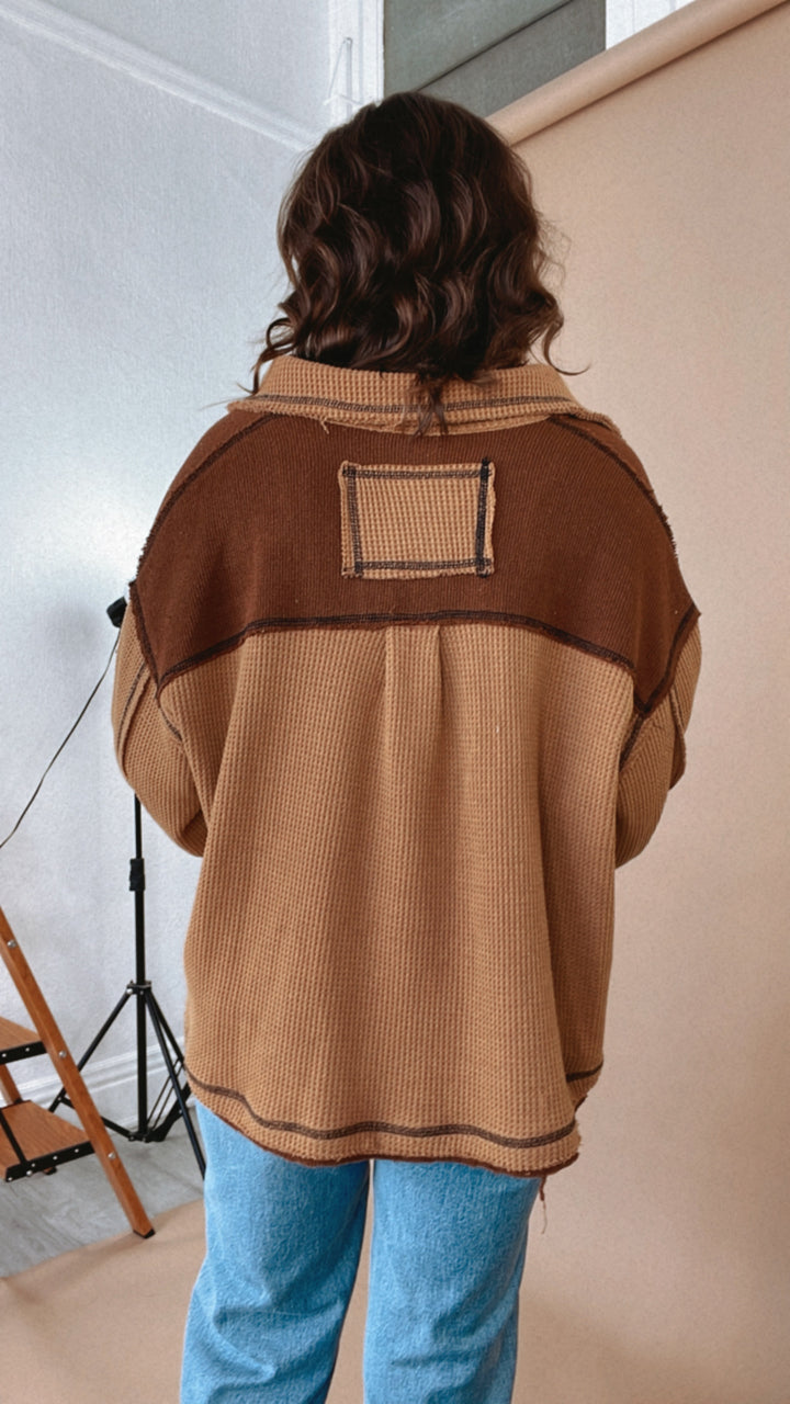 POL: Quinn Waffle Knit Zip Up Pullover, Brown