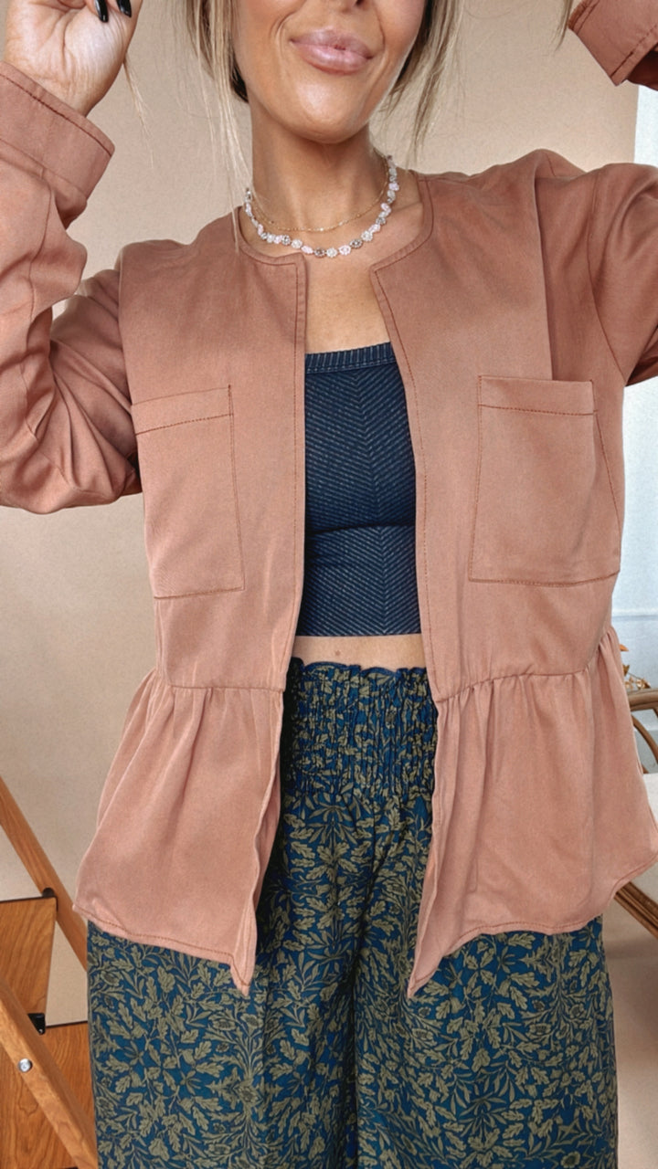 Pretty in Peplum Jacket, Burl Wood