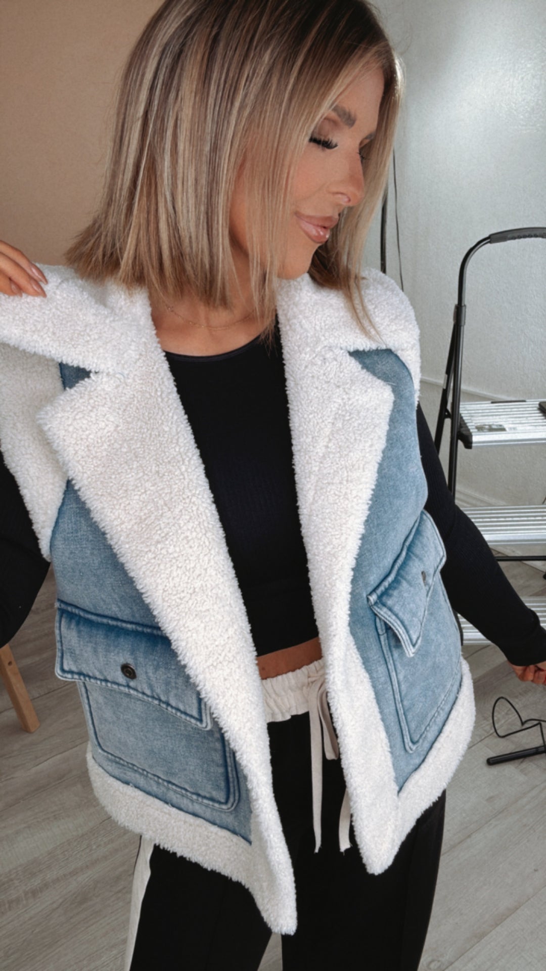 This Just In Stone Washed Denim Sherpa Vest