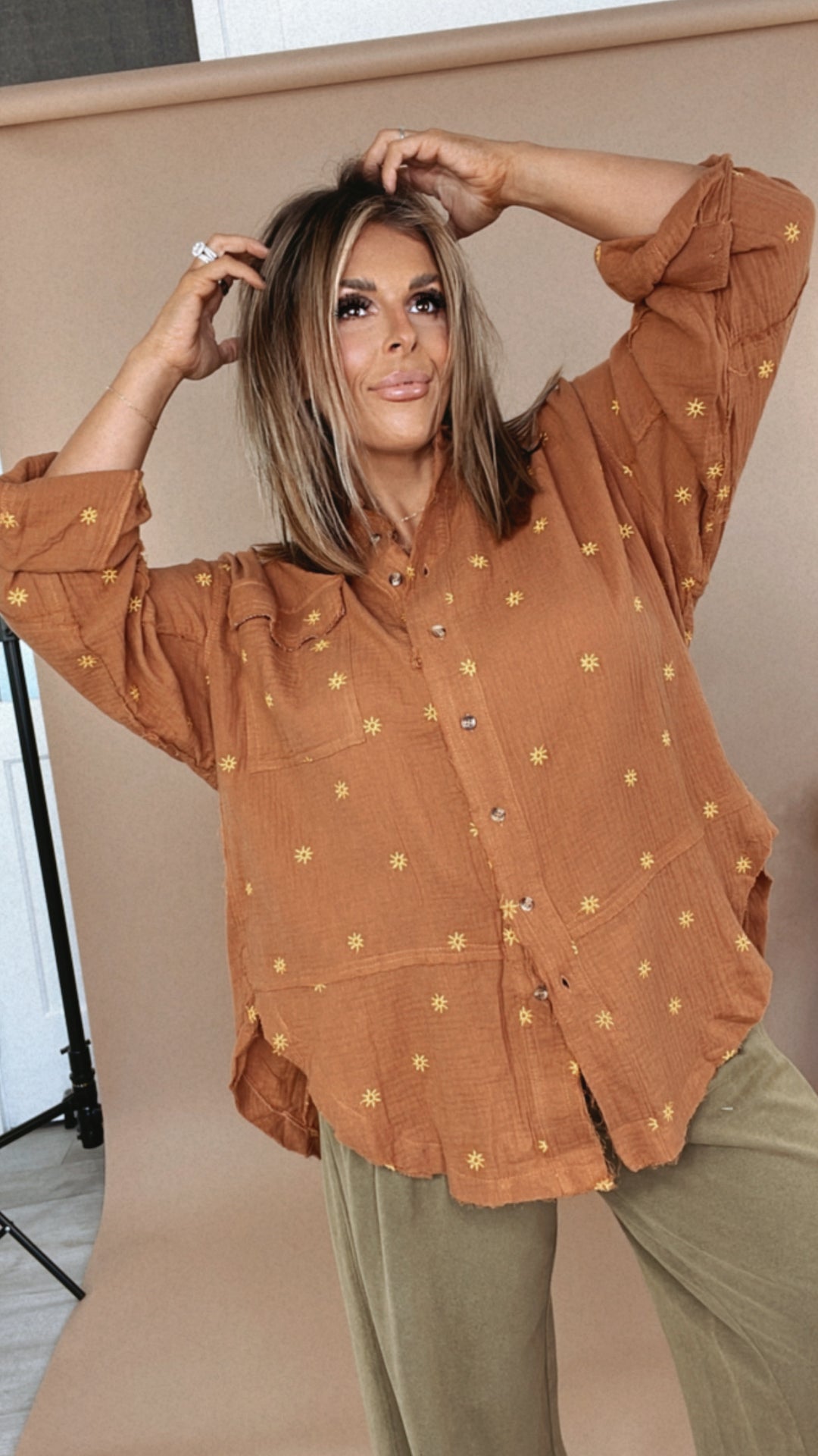 Sunny Days Embroidered Button Up, Camel