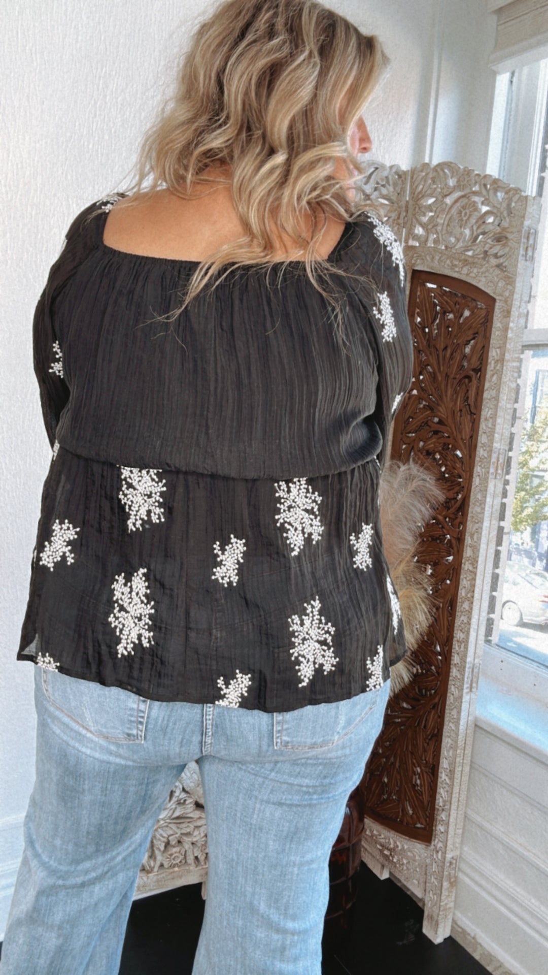 All About Details Embroidered Smocked Blouse, Black