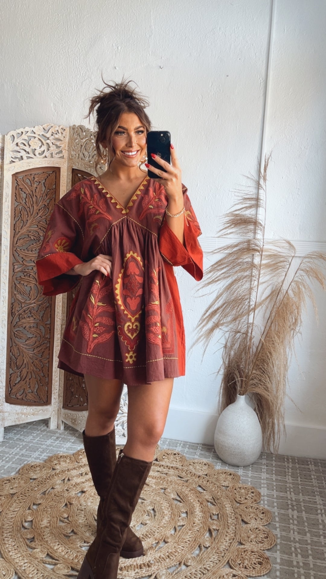 Vintage Love Boho Embroidered Mini Dress, Red