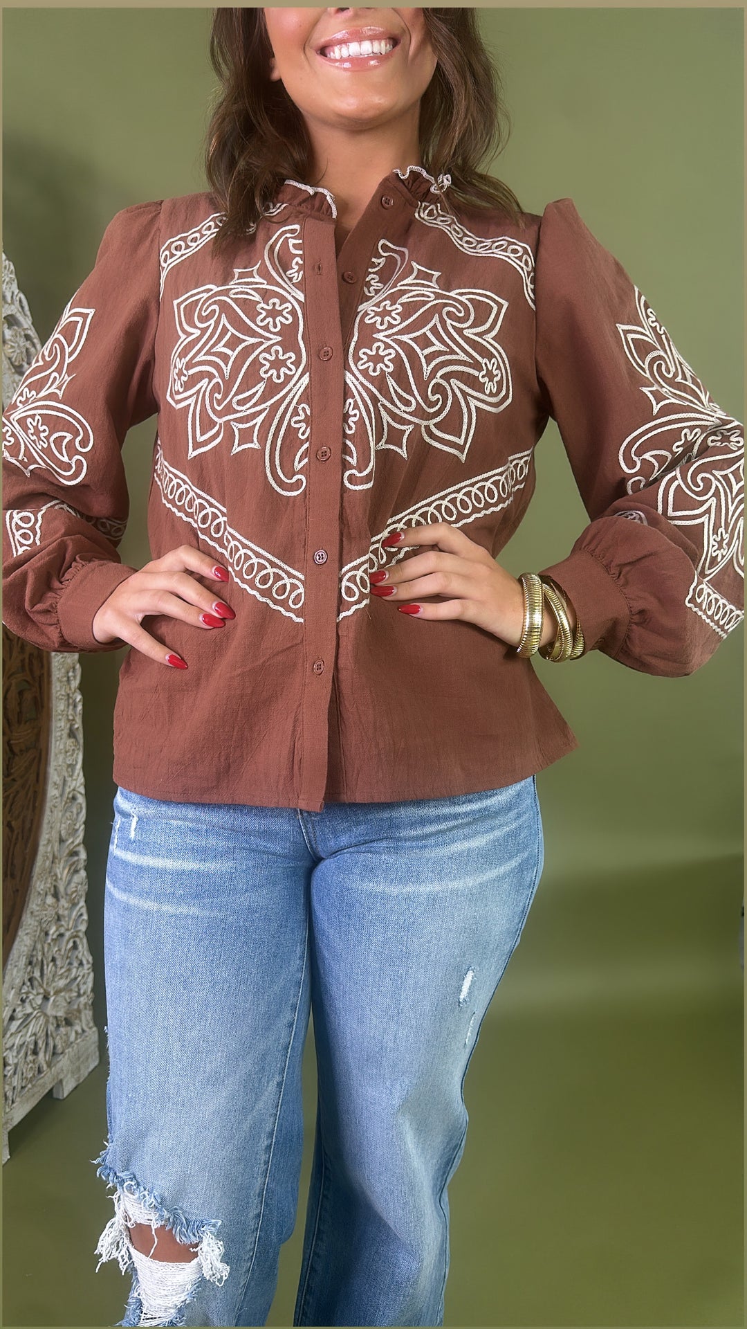 Sundance Ruffle Embroidered Button Up Top, Mocha