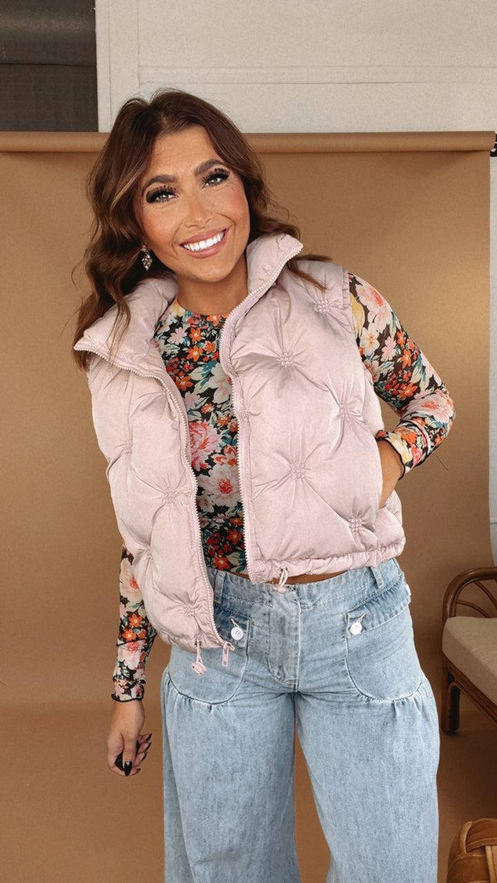 Crop Puffer Vest, Ash Rose