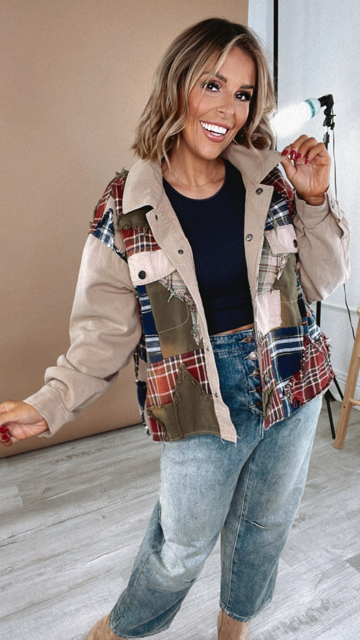 Care Free Plaid Patch Button Down Jacket, Khaki