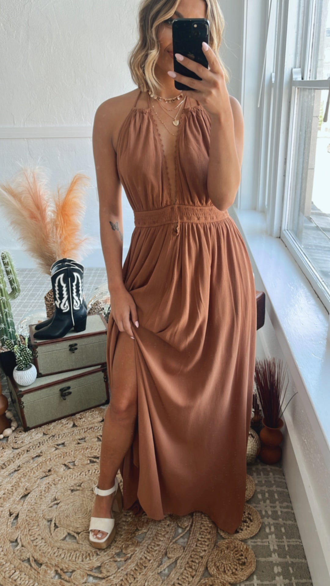 Lace Trim Halter Maxi Dress, Hazelnut