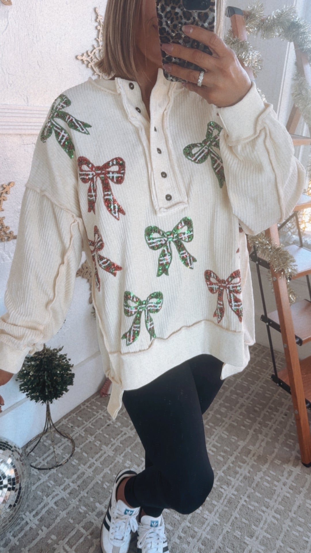 Full Of Cheer Sequin Bow Long Sleeve Top