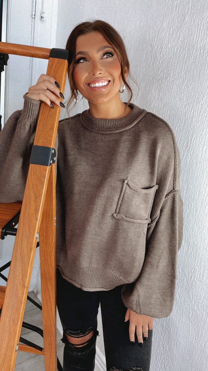 POL: Elevated Basic Balloon Sleeve Sweater, Brown