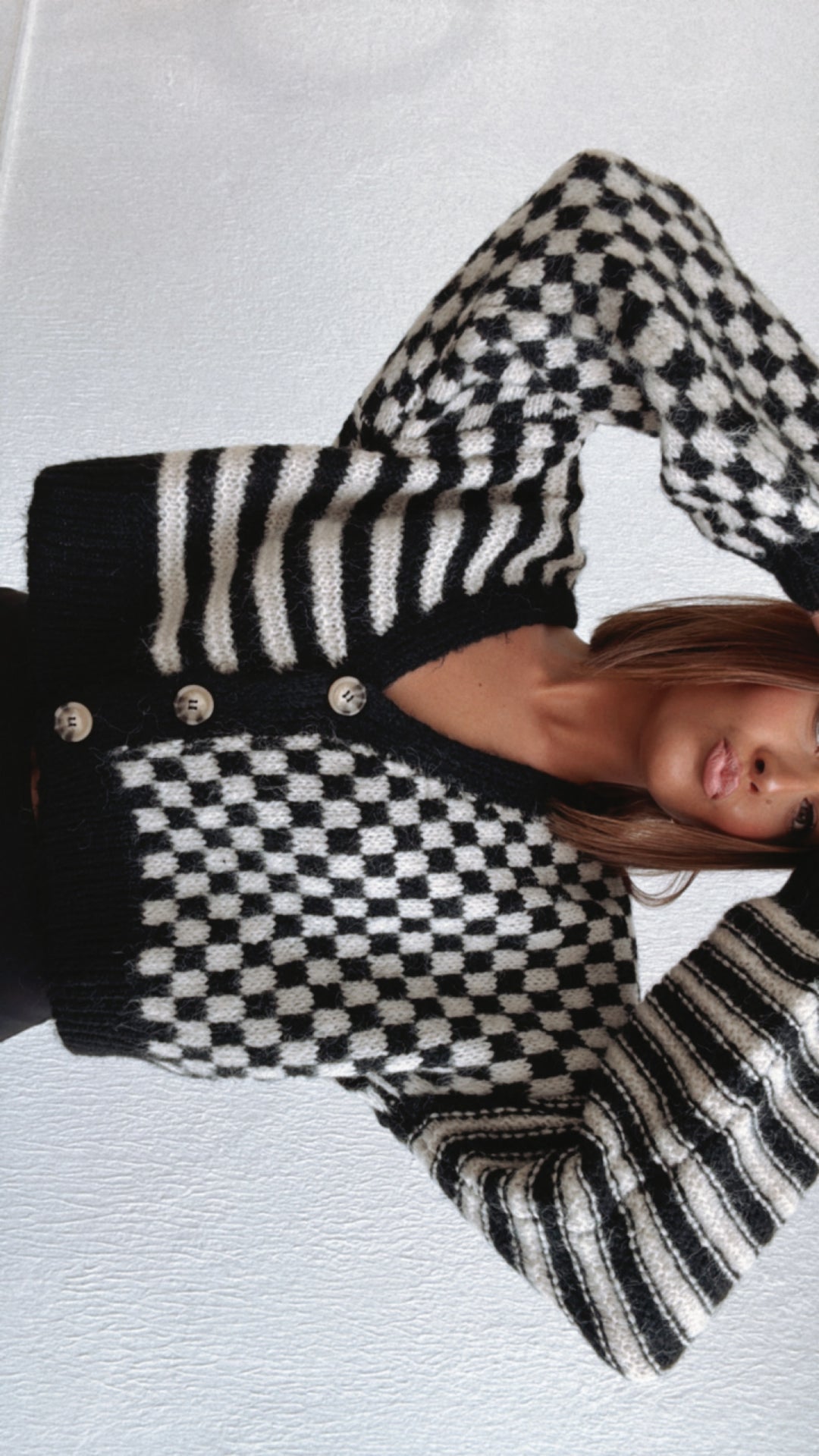 Checkered Button Detail Cardi, Black