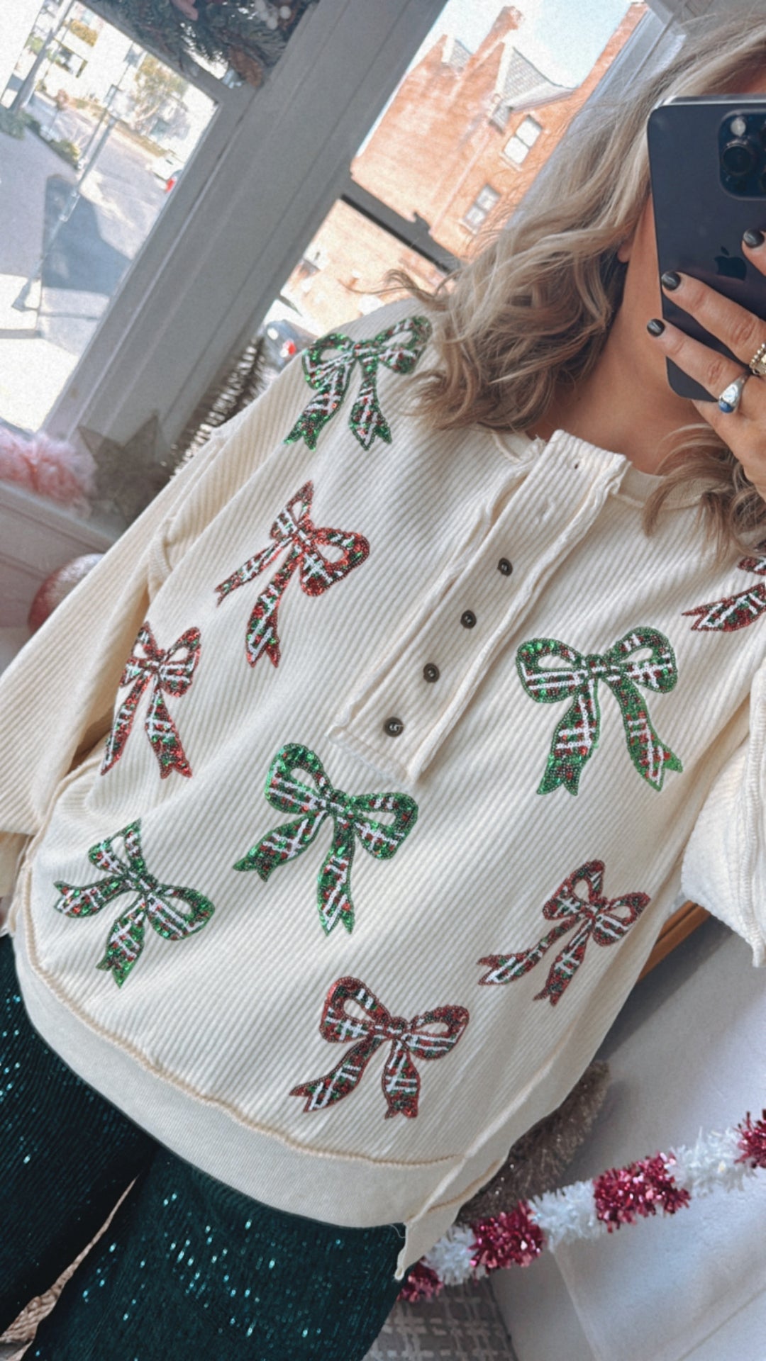 Full Of Cheer Sequin Bow Long Sleeve Top