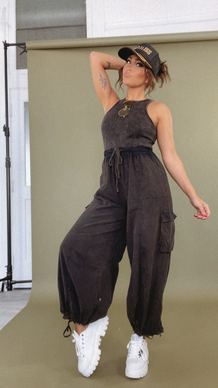 Corrie Cargo Pant Jumpsuit, Black