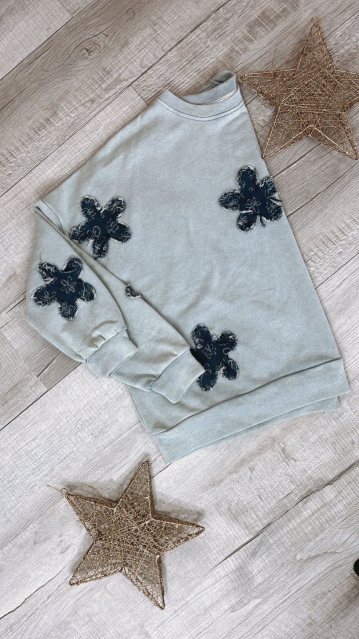 She's A Star Patchwork Crewneck Sweatshirt, Light Blue